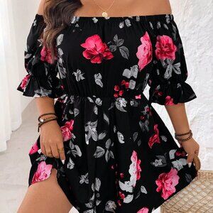 Black Boho Women's Plus Size Bardot Floral Print Casual Dress